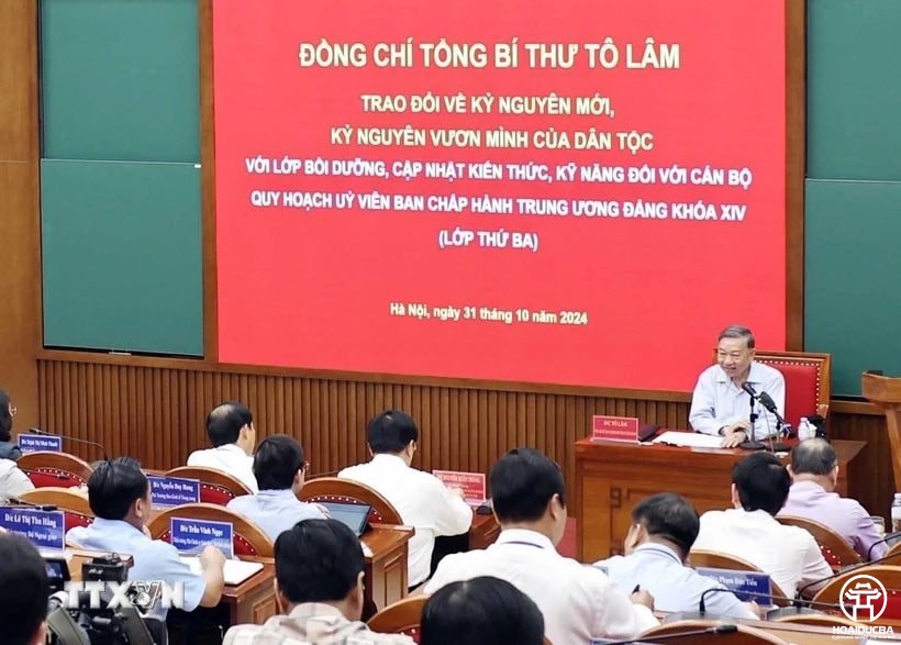 Tổng Bí thư Tô Lâm trao đổi với các học viên cán bộ quy hoạch Ủy viên Trung ương Đảng khóa 14 về kỷ nguyên mới, kỷ nguyên vươn mình của dân tộc